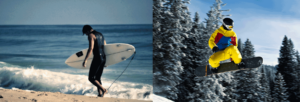 Surfer and snowboarder images side by side