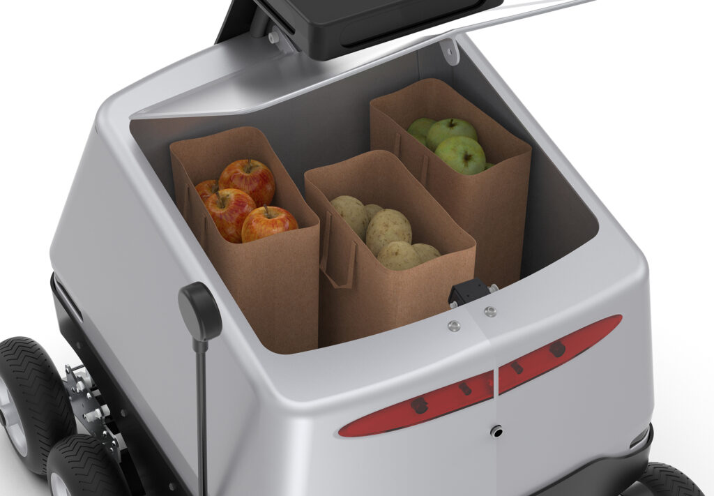 Last mile delivery robot with food inside open